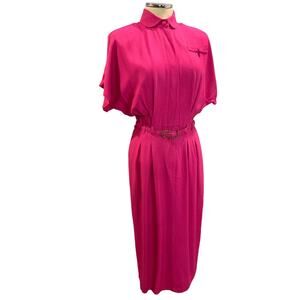 Size 8 Hearts Vintage 1980s Hot Pink Shirtwaist Dress Made in USA Rayon Acetate